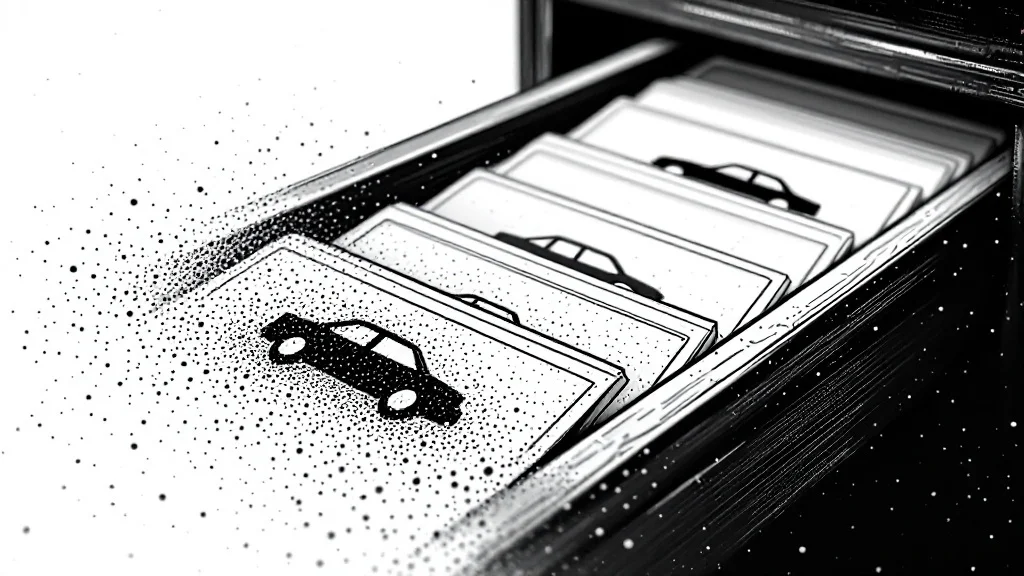 Dotted illustration of an open card-catalog drawer, each card showing a small car
