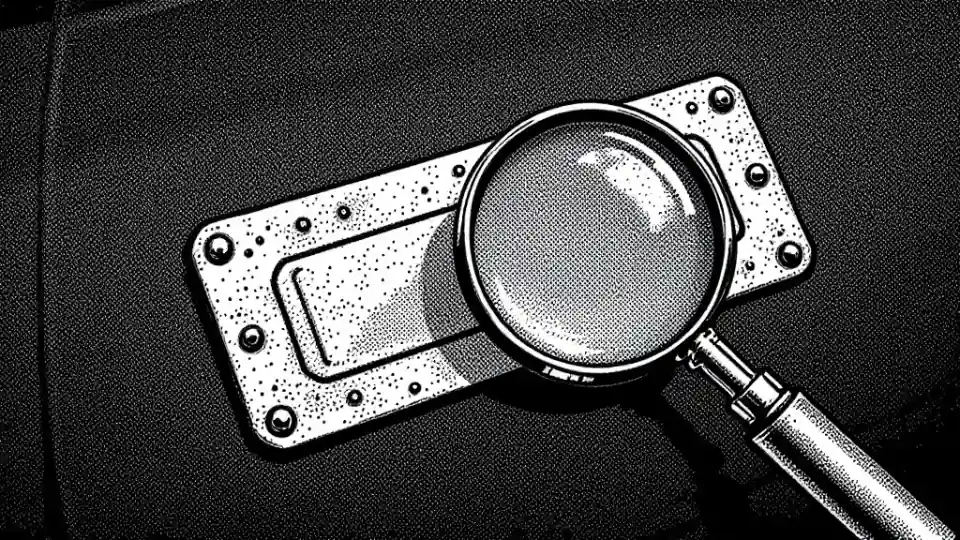 Dotted illustration of a riveted identification plate on a car door jamb under a magnifying glass