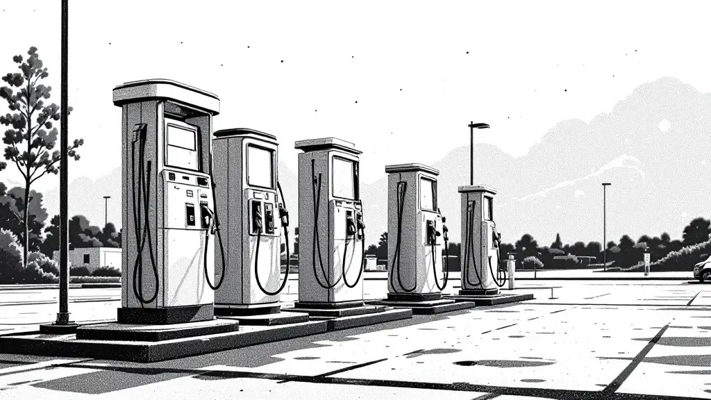 Dotted illustration of a row of different fuel pumps at a quiet roadside station